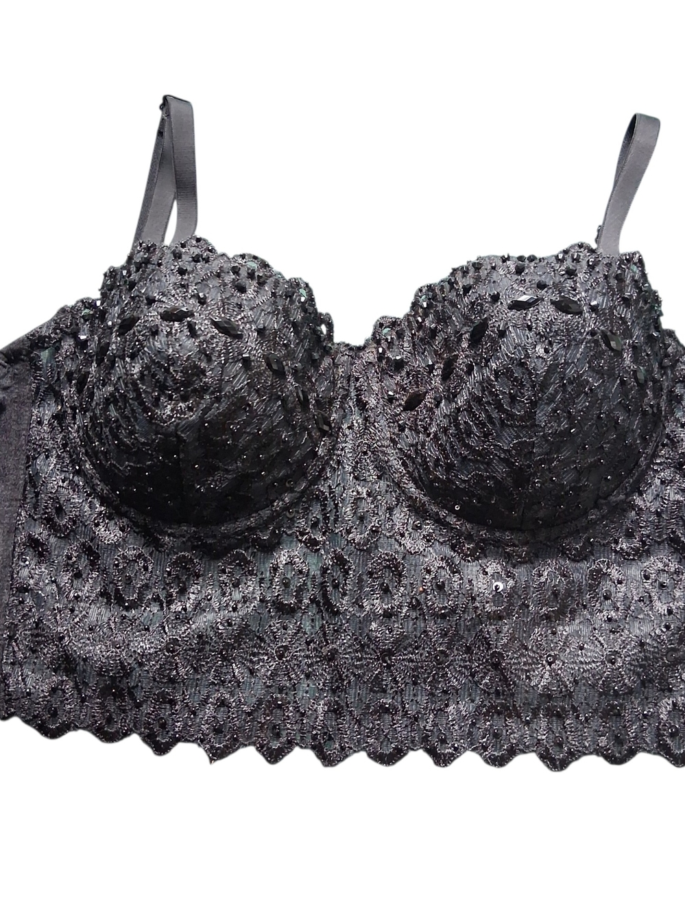 Windsor Black Beaded Bustier Lace Crop Bra with Sequin Accents